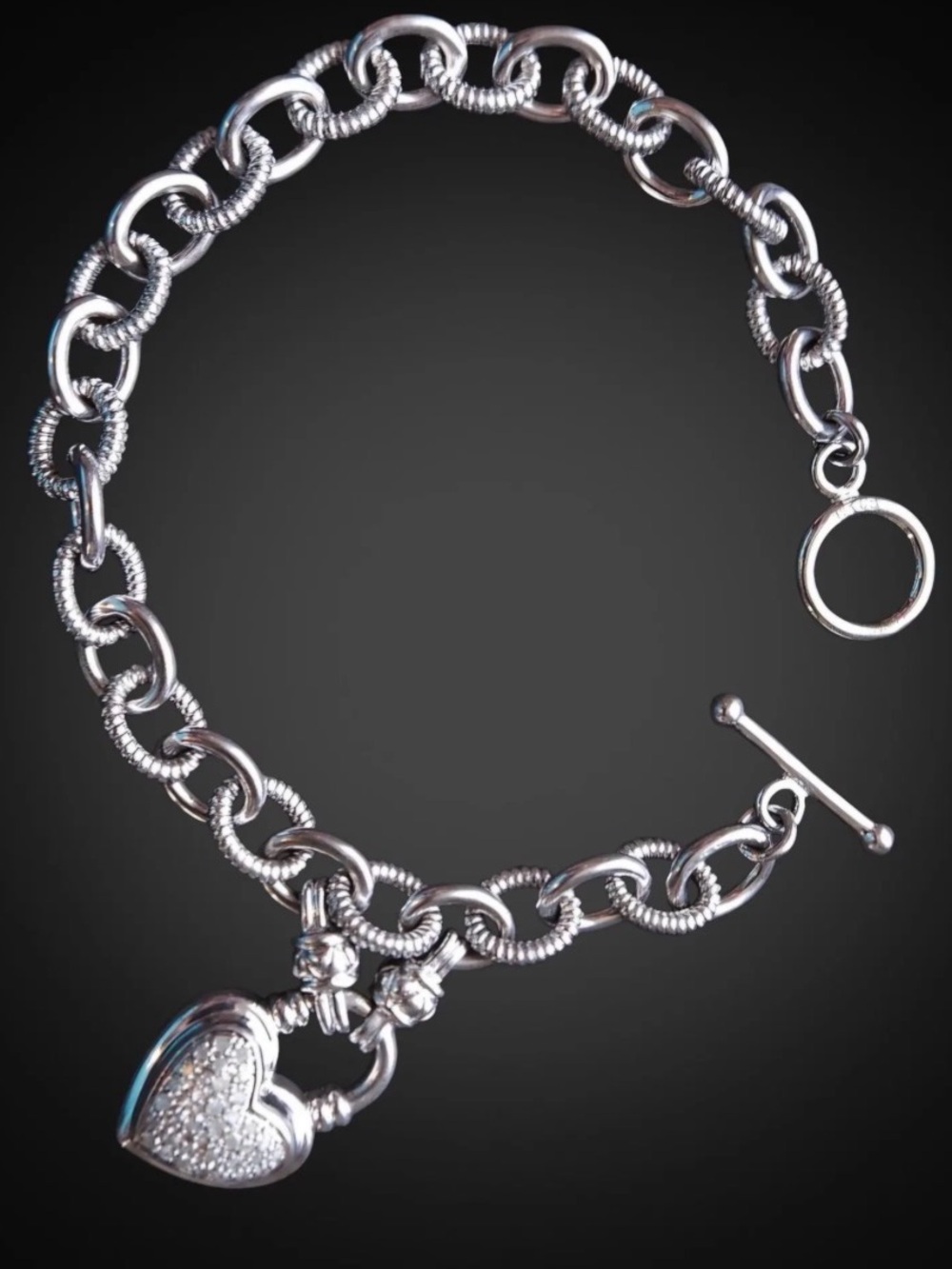 Sterling Silver 925 UD Chain Link Toggle Diamond Chips Heart Bracelet